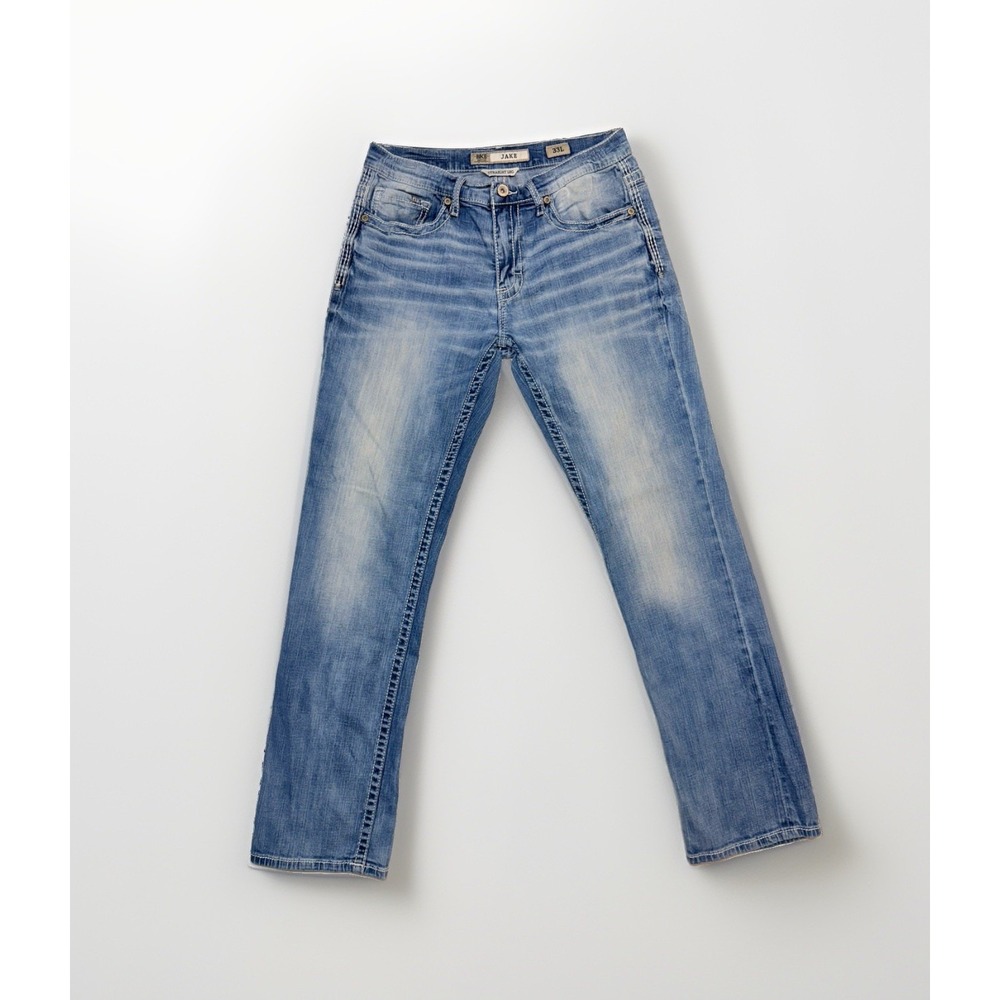 BKE Jake Jeans Mens 33L x32 Straight Leg Blue Denim Distressed Medium Wash